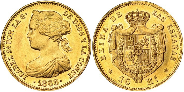 10 escudos. 1868 *18-68. Madrid. VI-668. EBC+.