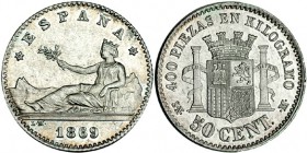 50 céntimos. 1869 *6-9. Madrid. MSM. VII-10. B.O. SC. Rara en esta conservación.