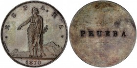 Prueba unifaz en cobre del anverso de la moneda de 100 pesetas, 1870 *18-70. En el centro del reverso: PRUEBA. SC. Rarísima.
