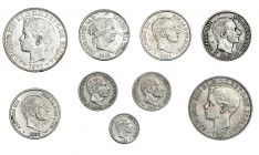 9 monedas de Manila: 50 centavos de peso, 1868, 1881, 1883 y 1885; 20 centavos de peso, 1883 y 1884; 10 centavos de peso, 1885 y 1 peso 1897 (2). De M...