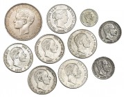 10 monedas: 50 centavos de peso, 1868, 1881 (2), 1883, 1885 (2); 20 centavos de peso, 1883 y 1884; 10 centavos de peso, 1885 y 1 peso, 1897. De MBC a ...