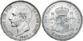 5 pesetas. 1885 *18-87. Madrid. MPM. VII-94. EBC-/EBC. Muy escasa en esta conservación.