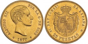 25 pesetas. 1877 *18-77. Madrid. DEM. VII-104. R.B.O. EBC.