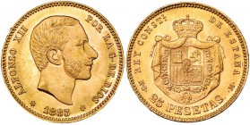 25 pesetas. 1883/2. *18-83/2. Madrid. MSM. VII-112.1. Hojita en el anv. Pleno B.O. SC.