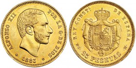 25 pesetas. 1883 *18-83. Madrid. MSM. VII-112. Ligera pátina. EBC+. Rara.