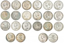 Colección de 20 monedas de 5 pesetas: 1870, 1871 *71 y 74, 1875, 1876, 1879, 1881, 1884, 1885 *86 y 87 MSM, 1888 MPM, 1889, 1890, 1891, 1892, 1892, 18...