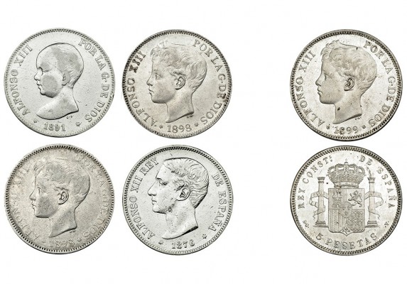 5 monedas de 5 pesetas. 1876, 1891, 1898 (2) y 1899. MBC/EBC.