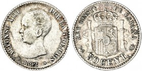 50 céntimos. 1892 *8-2. Madrid. PGM. VII-no. MBC. Rara.