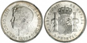 5 pesetas. 1898 *18-98. Madrid. SGV. VII-190. En slab NGC-MS-62. SC, con pequeñas marcas.