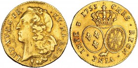 FRANCIA. Luis XV. 2 luises de oro. 1753. Pau. Acuñado para Bearn. KM-522. Marcas en anv. por cuño oxidado. MBC/MBC+.