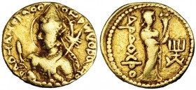 INDIA. Imperio Kushan. Dinar. Huvishka. 152-192. BC+.