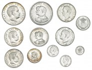 PORTUGAL. Lote de 12 monedas. 50 reis, 1889; 100, 1880 y 1910; 200, 1898 y 1909; 500, 1889, 1891, 1898, 1899 y 1908.; 1000, 1898 y 1899. De MBC- a EBC...