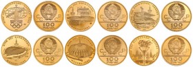 RUSIA. Olimpiada de Moscú. 1980. Estuche con 6 monedas de 100 rublos de oro. Y-A163, 151, 162, 173, 174 y 186. FDC.