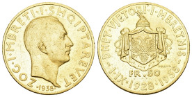Albanien 1938
ALBANIEN Zogu I., 1925-1928 50 Franken 1938, Rom, auf sein 10jähriges Regierungsjubiläum als König. 14,52 g Feingold. Fb. 16, Schl. 34....