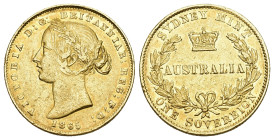 Australien 1865
AUSTRALIEN. Victoria, 1837-1901 Sovereign 1865, Sydney. Young head. 7,32 g Feingold. Fb. 10, Schl. 817. Sehr schön-vorzüglich