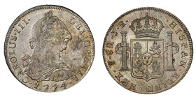 Bolivien 1774
BOLIVIEN. Carlos III. 1759-1788. 8 Reales 1774 JR, Potosi. 26.61 g. AC 1170. KM 55. Selten in dieser Erhaltung / Rare in this condition...