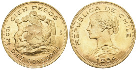 Chile 1946
CHILE Republik 100 Pesos (10 Condores) 1946 So, Santiago. 18,31 g Feingold. Fb. 54 FDC