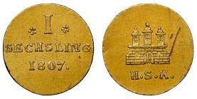 Hamburg 1807
DEUTSCHLAND Hamburg Goldabschlag von den Stempeln des Sechslings 1807. 1,11 g. AKS 23 Anm., J. 30 b Anm., Schl. 346.13. NGC AU Detail Ob...