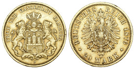 Hamburg 1876
DEUTSCHLAND Freie und Hansestadt.J. 210 20 Mark 1876. Gold 7.98g Vorzüglich