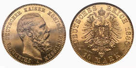 Preussen 1888
DEUTSCHLAND Preussen 10 Mark 1888 A KM# 514, J. 247, Gold, 3.99g seltene Erhaltung: NGC PF 64 Cert.No: 249115-047
