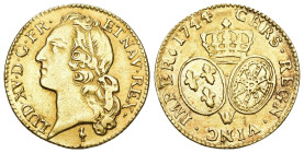 Frankreich 1744 
FRANKREICH 1744 Louis D`or in Gold Dupl. 1643, Gad. 341. 8,14g Mzz: W selten vorzüglich