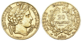 Frankreich 1850 A
FRANKREICH 2. Republik, 1848-1852. 20 Francs 1850 A, Paris. 5,81 g Feingold. Fb. 566, Gadoury 1059, Mazard 1174, Schl. 253. GOLD. V...