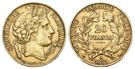 Frankreich 1851 A
FRANKREICH 2. Republik, 1848-1852. 20 Francs 1851 A, Paris. 5,81 g Feingold. Fb. 566, Gadoury 1059, Mazard 1175, Schl. 254. GOLD. V...