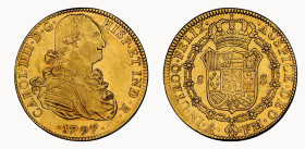 Mexiko 1797 MO
MEXIKO. Carlos IV. 1788-1808. 8 Escudos 1797, FM-Mexico City. 26.98 g. Cayon 14519. Fr. 43. NGC AU 58 fast unzirkuliert Cert.No: 28912...