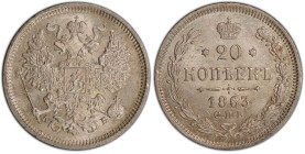 Russland 1863
RUSSLAND Alexander II., 1855-1881. 20 Kopeken 1863, St. Petersburg. 4,15 g. Bitkin 176. Prachtexemplar. Stempelglanz PCGS MS 64 Cert No...