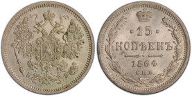 Russland 1864
RUSSLAND Alexander II., 1855-1881 15 Kopeken 1864, St. Petersburg. 3,05 g. Bitkin 189. Feine Patina, PCGS MS 64 FDC Cert No: 45331557