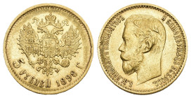 Russland 1898
RUSSLAND Nikolaus II. 1894-1917. 5 Rubel 1898. 4,27 g. Bitkin 20. Uzdenikov 328. Fr. 180. vorzüglich