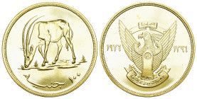 Sudan 1976
SUDAN Republik. 100 Pounds 1976 (= 1396 AH). Rettet die Tierwelt - Weißnacken-Moorantilope. 30,09 g Feingold. Fb. 2. Nur 872 Exemplare gep...