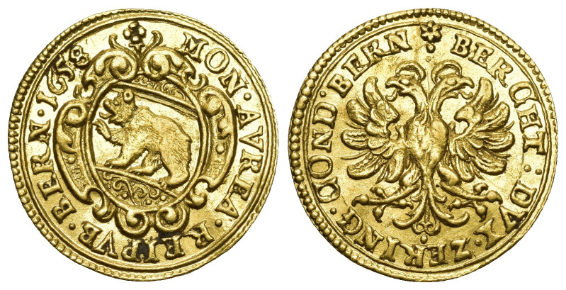 Bern 1658
BERN Dukat 1658. Av. Berner Wappen auf verzierter Kartusche. Rv. Nimb...