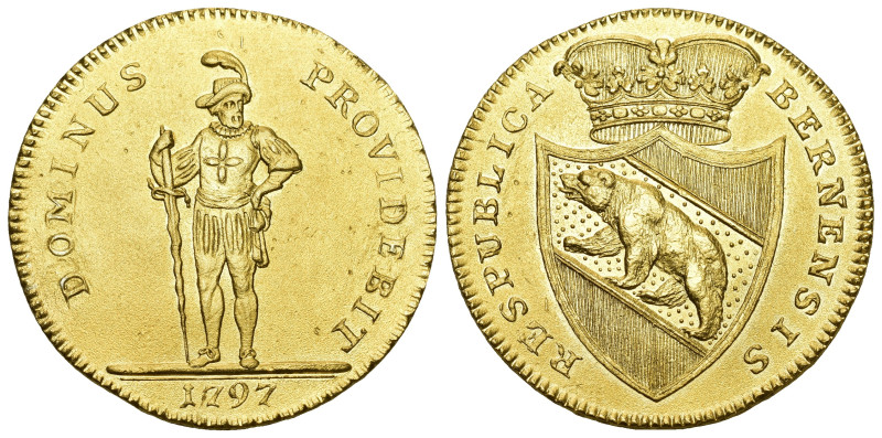 Bern 1797
BERN 8 Dukaten 1797. Goldabschlag vom Halbtaler. Av. Gekröntes, spitz...