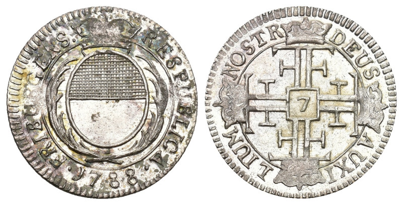 Fribourg 1788
FRIBOURG Achtelgulden zu 7 Kreuzern 1788. 1.74 g. D.T. 653c. HMZ ...