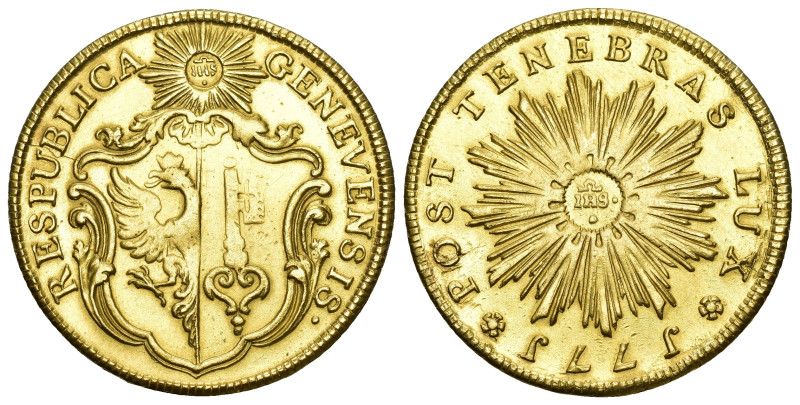 Genf 1771 
GENF Dreifache Pistole 1771, Genf. Geschweiftes Stadtwappen unter Ch...