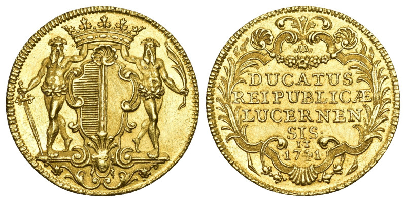 Luzern 1741
LUZERN Dukat 1741, Luzern. Zwei Wilde Männer mit Schwert und Palmzw...