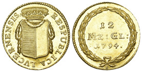 Luzern 1794
LUZERN, STADT 12 Münzgulden (Duplone) 1794. Münzmeister Franz Karl Bucheli, 1793-1798. Stempelschneider Johann Caspar Brupacher, Wädenswi...