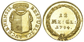 Luzern 1794
LUZERN, STADT 12 Münzgulden (Duplone) 1794. Münzmeister Franz Karl Bucheli, 1793-1798. Stempelschneider Johann Caspar Brupacher, Wädenswi...