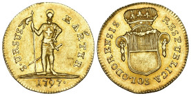 Solothurn 1797
SOLOTHURN Duplone 1797. RESPUBLICA SOLODORENSIS. Das mit einer Girlande geschmückte Wappen unter einer Krone // S URSUS MARTYR. Stehen...