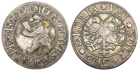 St.Gallen 1619
ST.GALLEN Dicken 1619, St. Gallen. Variante mit kleinem Bär. 7.84 g. D.T. 1402b. HMZ 2-899c. Äusserst seltene Erhaltung / Extremely ra...