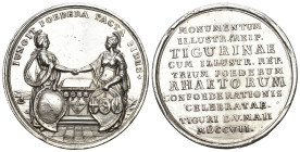 Zürich 1707
ZÜRICH Silbermedaille 1707. Stempel von H. J. Gessner. Auf den Bund zwischen Zürich und den rätischen drei Bünde. Zwei weibliche behelmte...