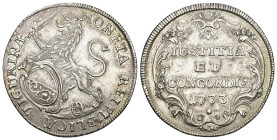 Zürich 1773
ZÜRICH Halbtaler 1773. Variante mit Kopf des Löwen nach links. 13.21 g. D.T. 439. HMZ 2-1165kkk. Vorzüglich