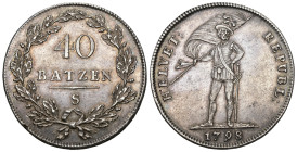Heletische Republik 1798
HELVETISCHE REPUBLIK 40 Batzen (Neutaler) 1798 S, Solothurn. Variante mit Kopf nach rechts und Ende der Fahnenstange bei "E"...