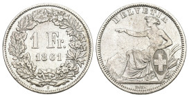 Schweiz 1861
SCHWEIZ. Eidgenossenschaft 1 Franken 1861 Silber KM 9 5g sehr schön +