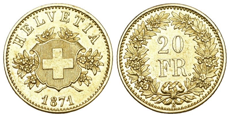Schweiz 1871
SCHWEIZ. Eidgenossenschaft Proben. 20 Franken 1871 B, Bern. 6.45 g...