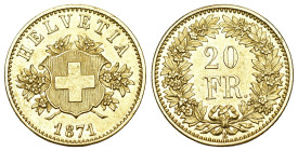 Schweiz 1871
SCHWEIZ. Eidgenossenschaft Proben. 20 Franken 1871 B, Bern. 6.45 g. Richter (Proben) 2-61. Selten / Rare. Vorzüglich