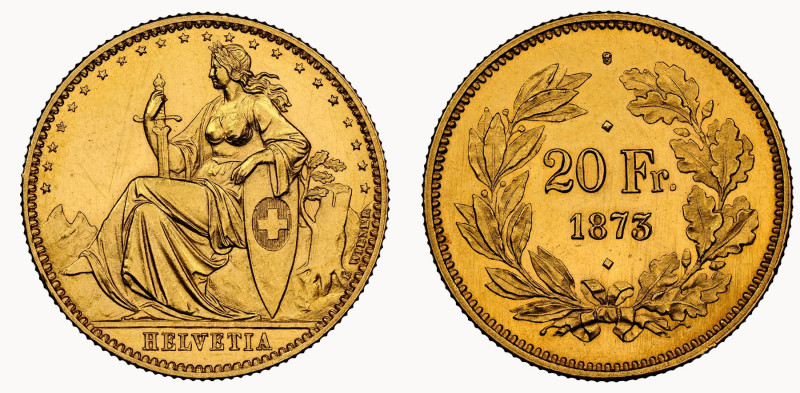 Schweiz 1873
SCHWEIZ. Eidgenossenschaft 20 Franken 1873, Brüssel. Sog. 3-Punkt-...