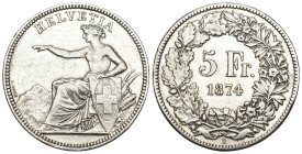 Schweiz 1874
SCHWEIZ. Eidgenossenschaft 5 Franken 1874 B ohne Punkt 24.99 g. Divo 46. HMZ 2-1197d. Vorzüglich