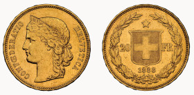 Schweiz 1888
SCHWEIZ. Eidgenossenschaft 20 Franken 1888 B, Bern. 6.45 g. Divo 107. HMZ 2-1194d. Fr. 497. Prachtvolle Erhaltung, winziger Kratzer / Ma...